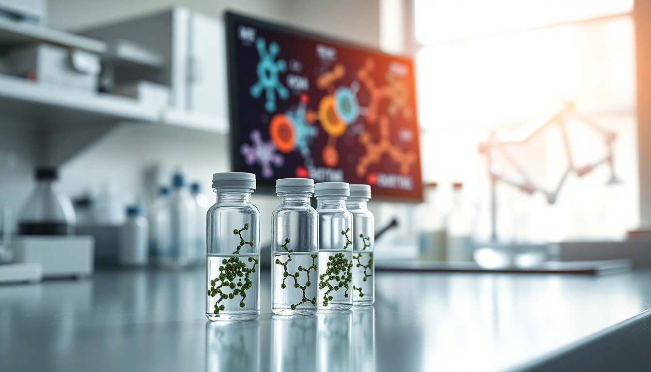 Analyze various research peptides showcased in glass vials in a modern lab environment.