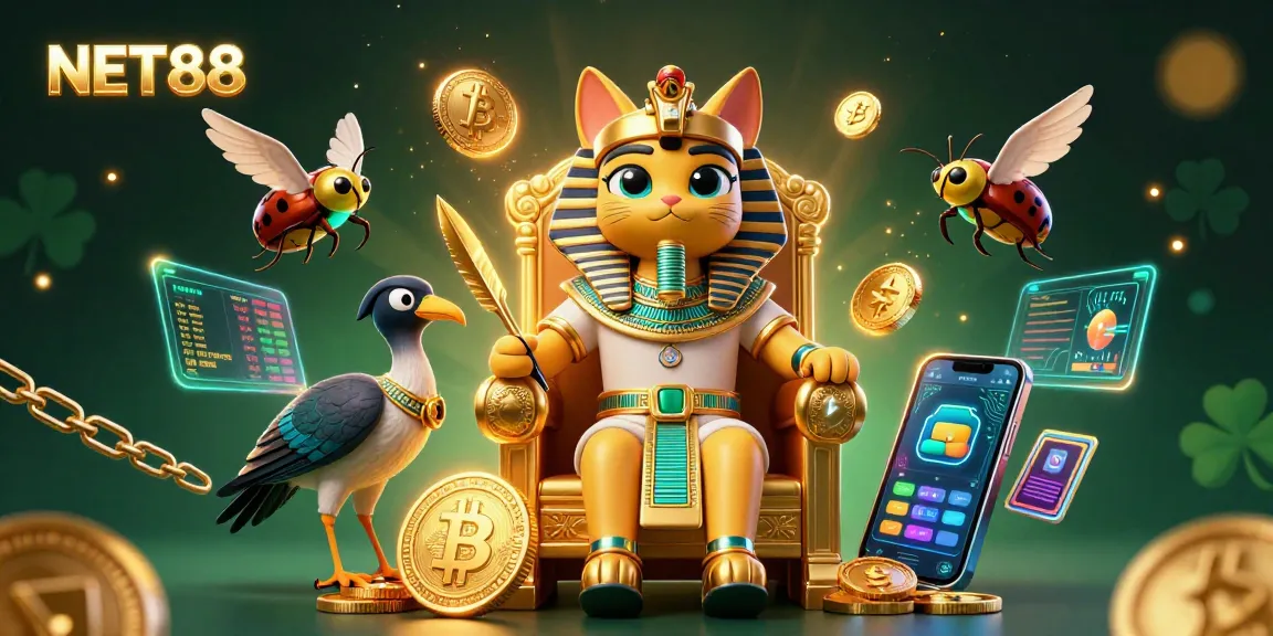 Engage with NET88’s thrilling casino world featuring a pharaoh cat and crypto elements.