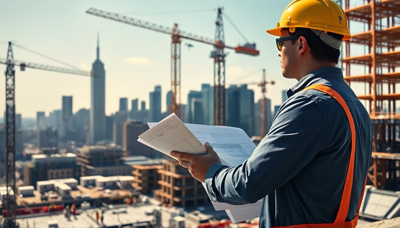 New York City Construction Manager supervises a busy construction site with blueprints in hand.