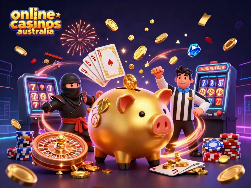 Experience thrilling action at online casinos Australia with a dynamic illustration featuring a golden piggy bank sumo wrestler.