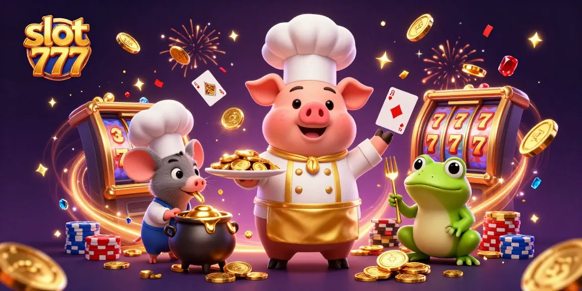 Spin the reels in slot 777 as golden coins and confetti burst from a lively casino scene.