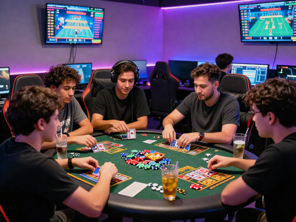 Friends enjoying a lively situs togel gaming session with colorful cards and lively atmosphere.
