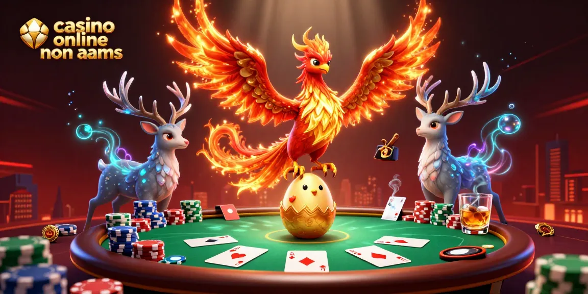 Gioca a casino online non aams e scopri un'illustrazione magica con una fenice e elementi di poker.