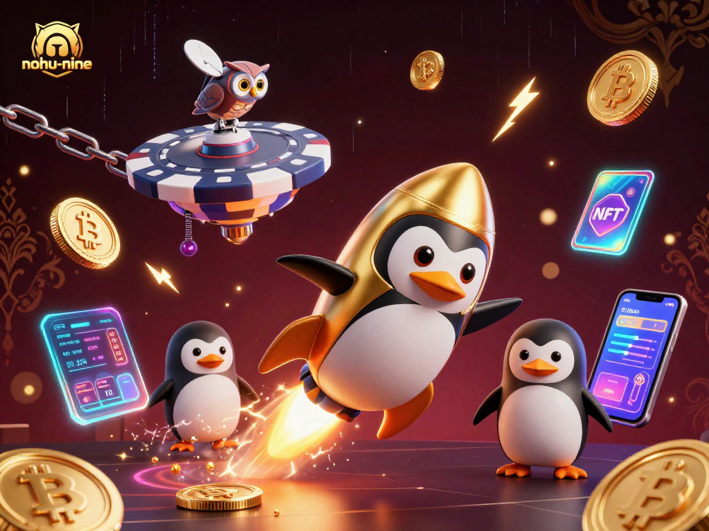 The golden penguin navigates space towards the casino galaxy in nohu-nine, collecting crypto coins.