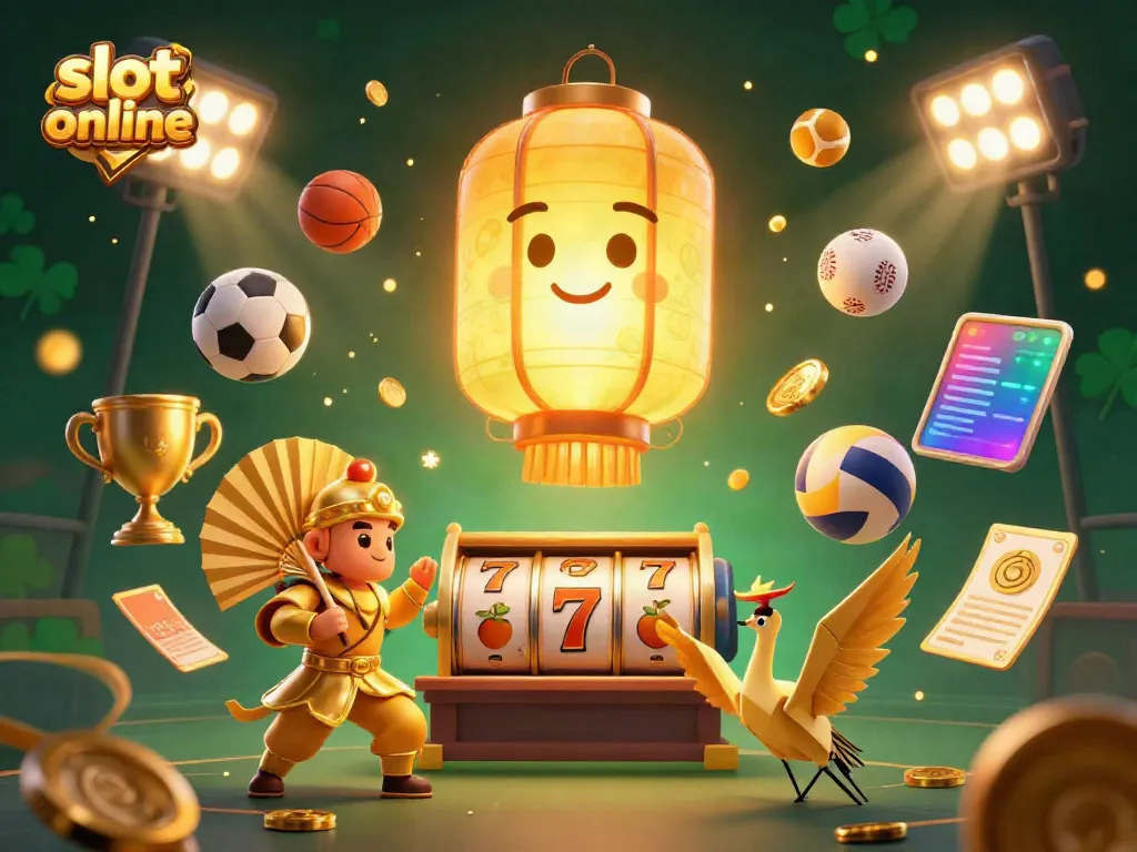 Experience immersive slot online excitement with golden characters and jackpot symbols in a vibrant casino illustration.