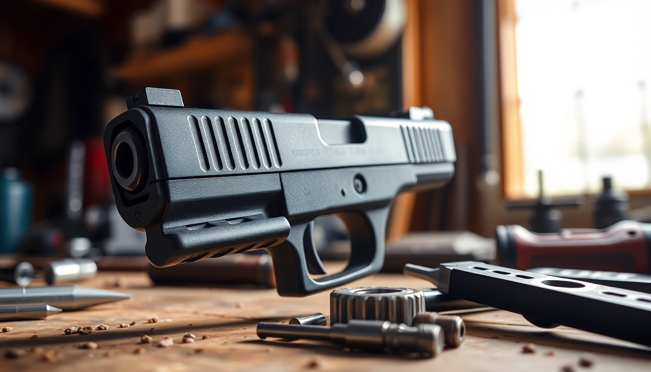Showcase the glock 26 slide oem with fine details, emphasizing its quality and craftsmanship in a workshop setting.