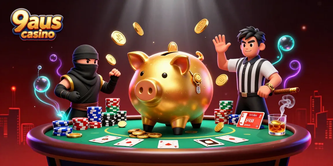 Engage with thrilling 9aus casino action as characters enjoy vibrant gameplay at an exciting virtual poker table.