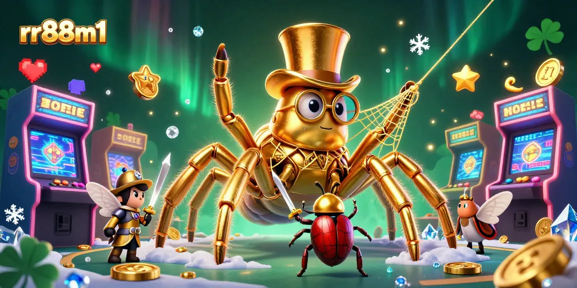 Experience the thrill of rr88m1 with a golden tarantula and beetle knight in a vibrant casino scene.