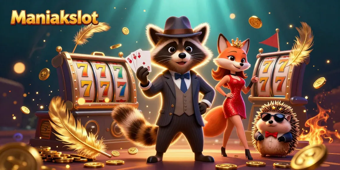 Experience the thrill of Maniakslot with a raccoon holding a royal flush, surrounded by vibrant casino elements.
