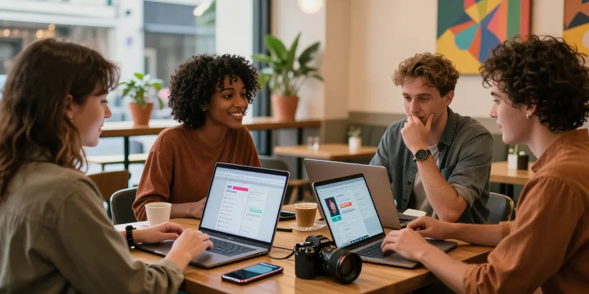 A diverse group of singles using the HundRoses dating app for genuine dating connections in a cozy coffee shop.