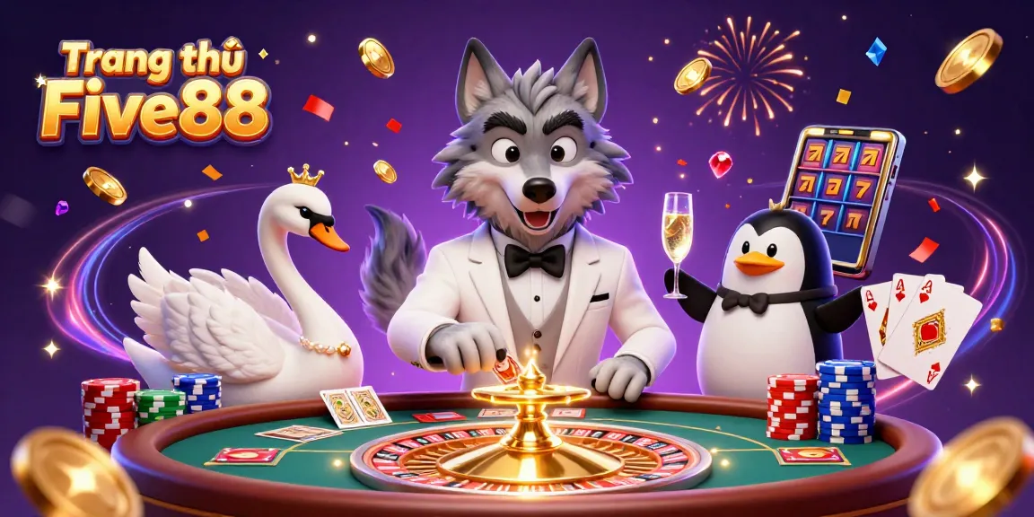 Experience thrilling wins at Trang chủ Five88 with a dynamic casino scene featuring cartoon characters in action.