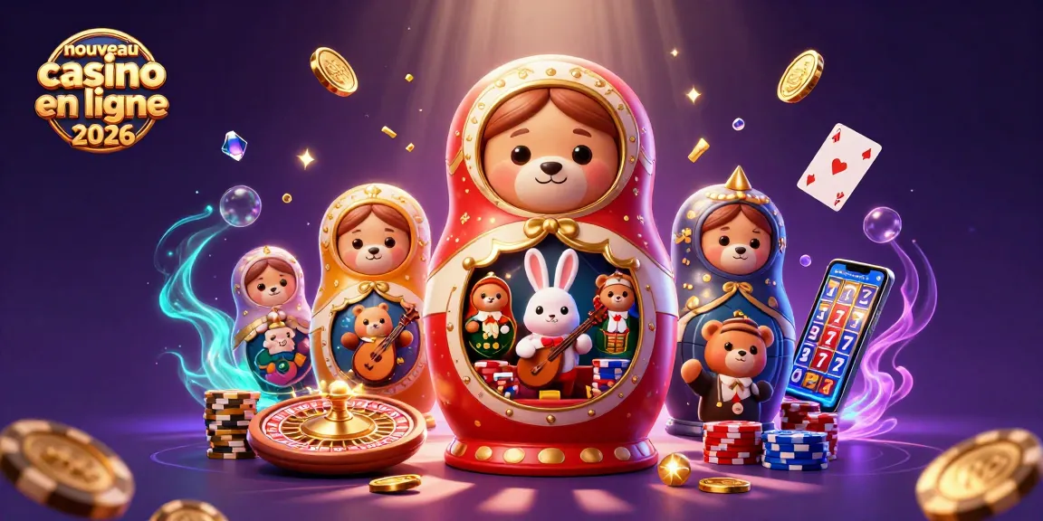 Un spectacle vibrant au nouveau casino en ligne 2026 avec des ours matryoshka, des cartes et des pièces d'or.
