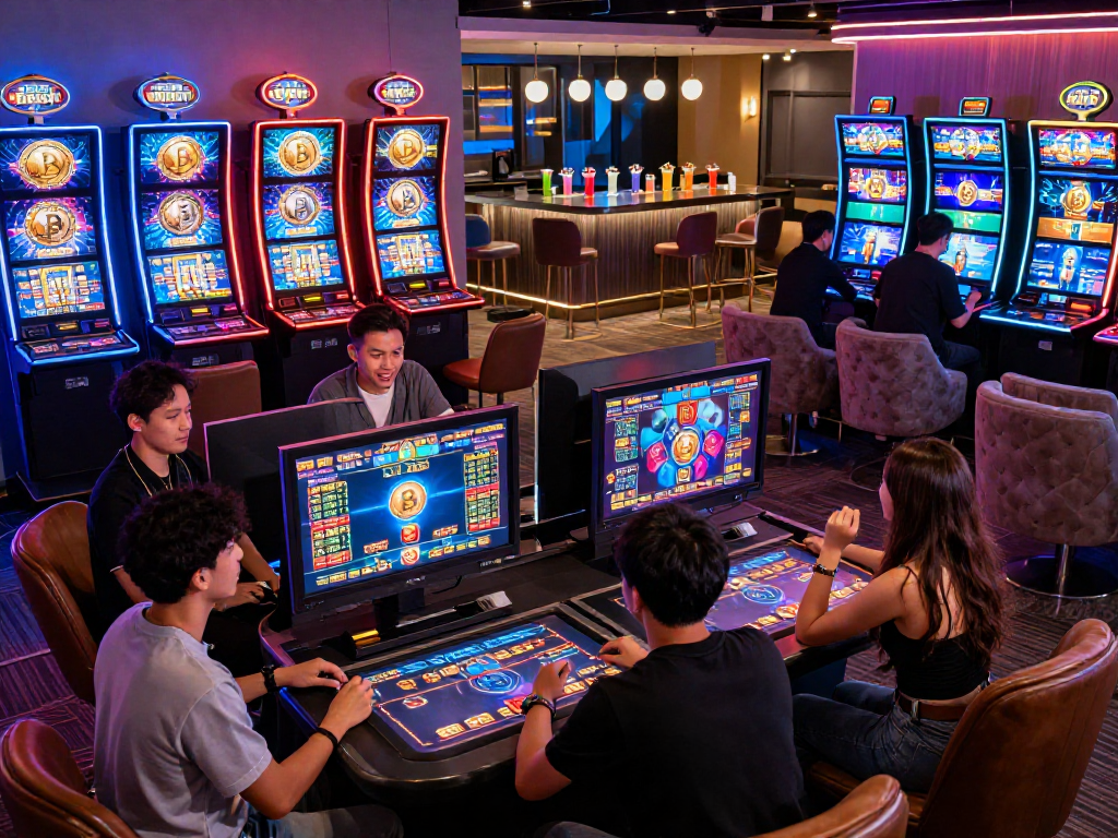 Exciting crypto casino scene with players engaging in high-tech gaming and vibrant atmosphere.