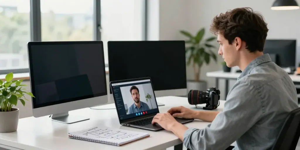 Deepfake protected Online Video Calls workspace illustrating cybersecurity measures with developer at laptop, modern office setting.