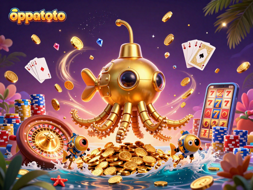 Experience thrills with oppatoto's vibrant underwater casino scene featuring spectacular golden kraken and treasures.