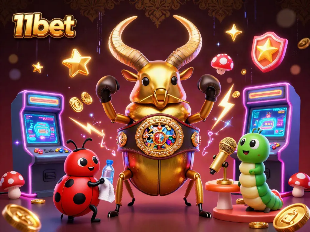 Engage with 11bet's vibrant casino experience featuring a joyful beetle champion in an animated gaming scene.