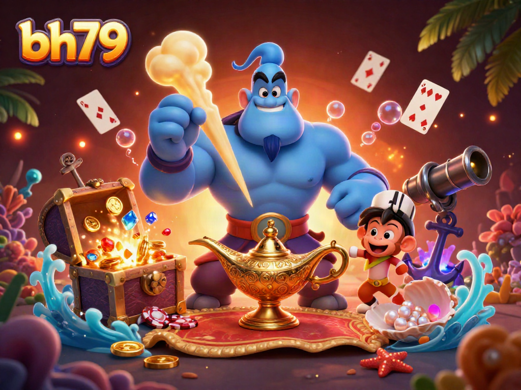 Spin to win with bh79's vibrant casino scene showcasing playful genie and poker chips.