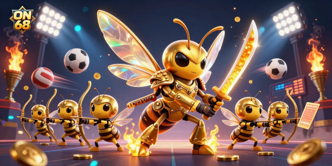 Engage with ON 68 in an epic gambling scene of the giant hornet samurai among dynamic sports elements.