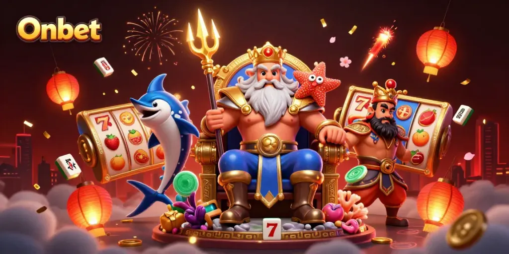 Spin the reels with Onbet in an enchanting casino scene featuring Neptune and allies.