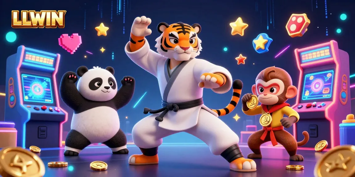 LLWIN promotes online gambling with a playful scene featuring a kung fu tiger, panda, and monkey amidst vibrant casino game elements.