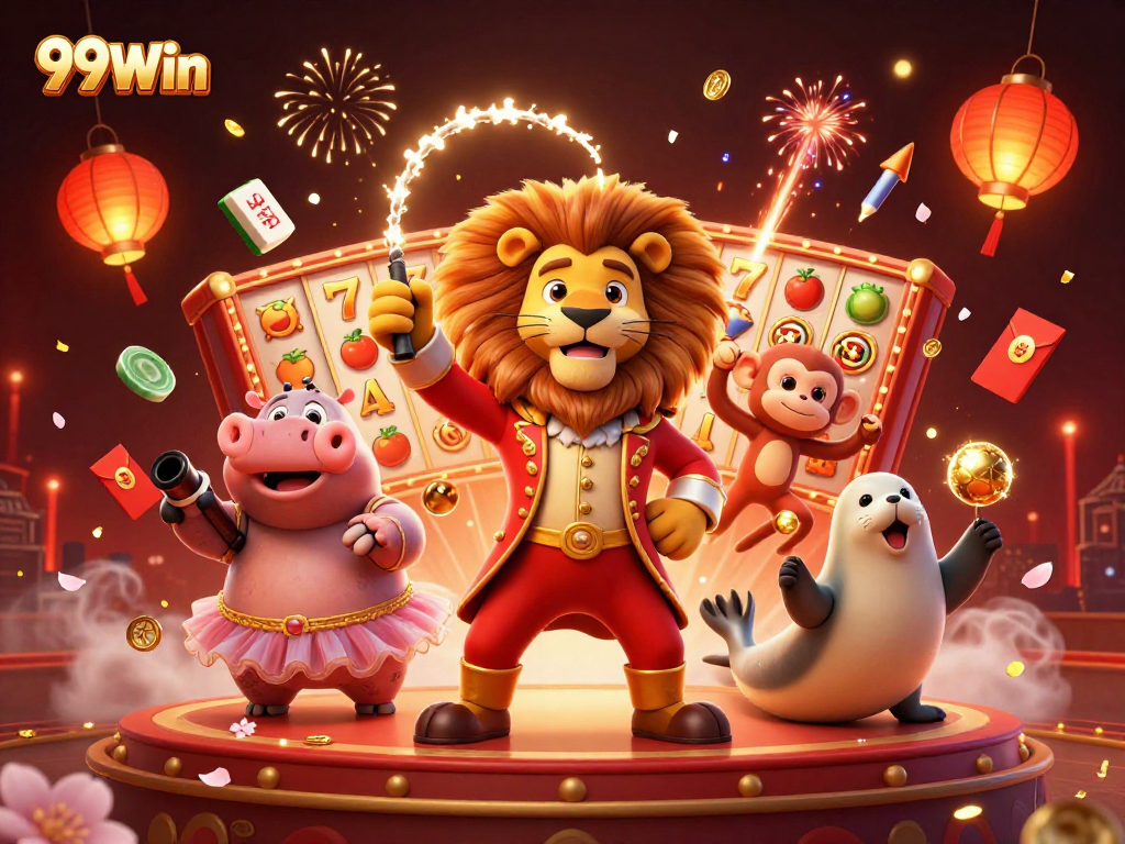 Win big with 99Win's vibrant 3D circus-themed casino illustration, showcasing colorful characters and slot elements.