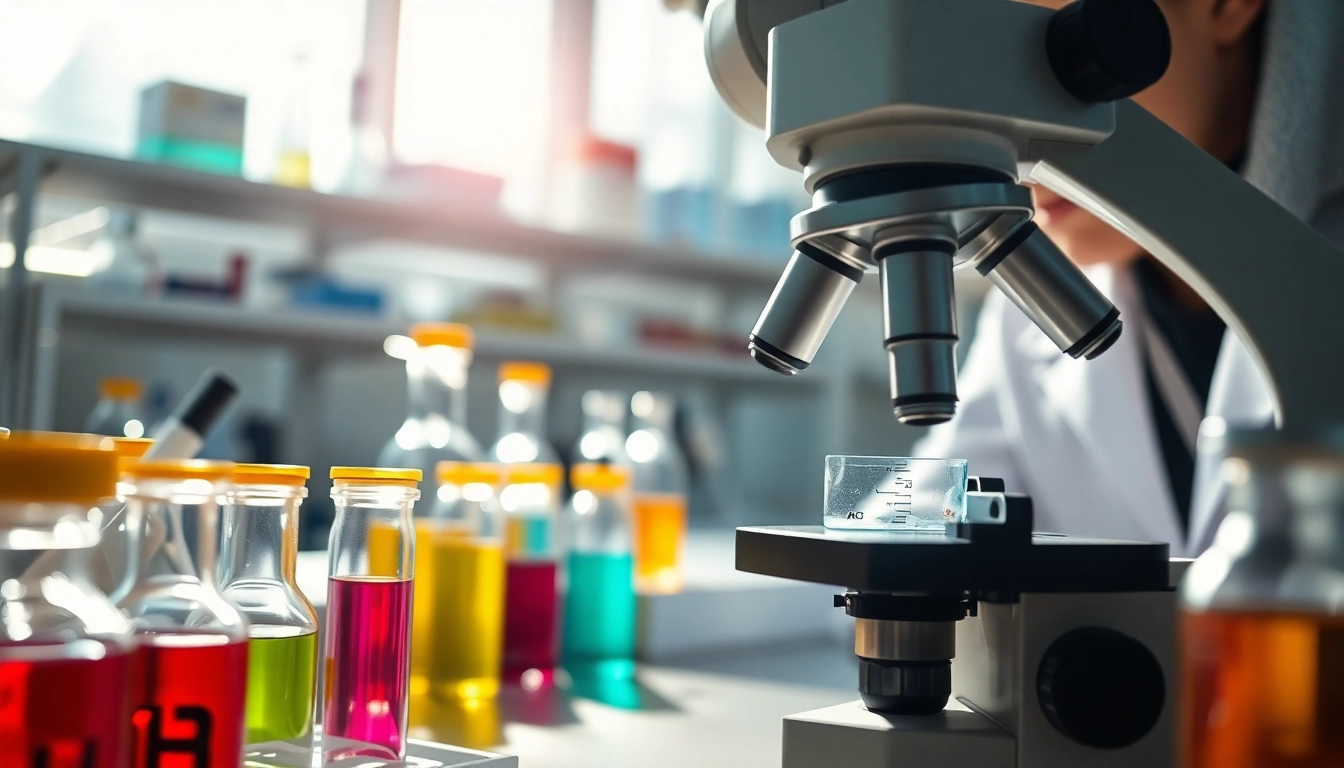 Analyze ac peptides with laboratory equipment in a vibrant, professional setting.