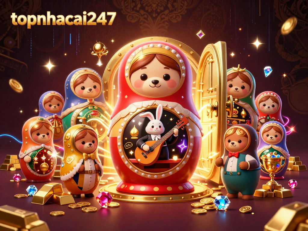 The energetic scene of topnhacai247 brings casino elements to life with rich cartoon characters and gold treasures.