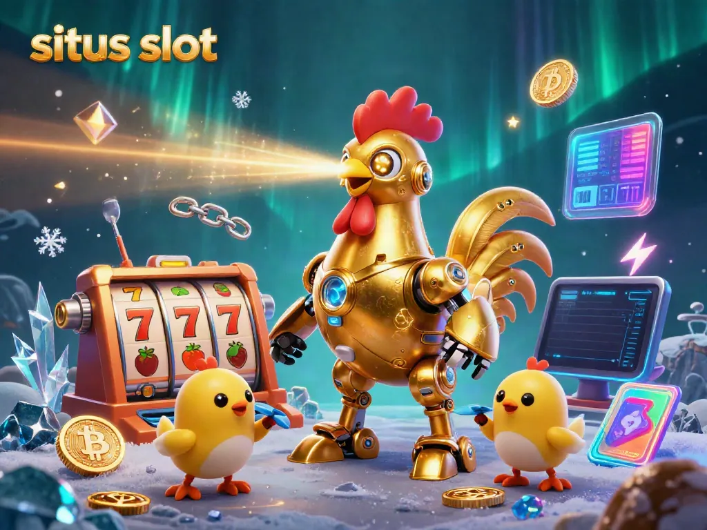 Menggandakan peluang menang di situs slot dengan karakter robot ayam emas 3D dan simbol permainan menarik.
