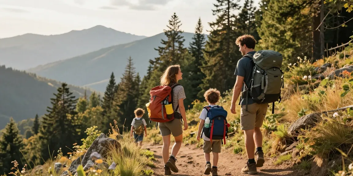 Family hiking in a scenic landscape, showcasing mantra88's adventure spirit and connection to nature.
