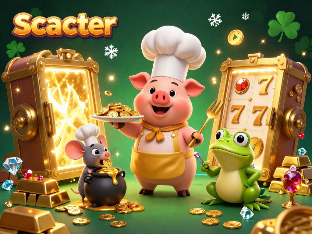 Experience scatter excitement with a 3D chef pig showcasing gold coins and slot elements in a vibrant casino scene.