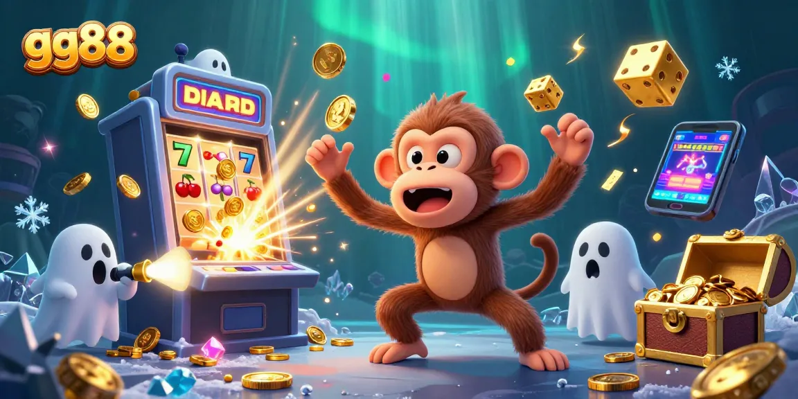 Experience the thrills of gg88 in a haunted casino with a playful poltergeist monkey and ghost-hunter puppy.