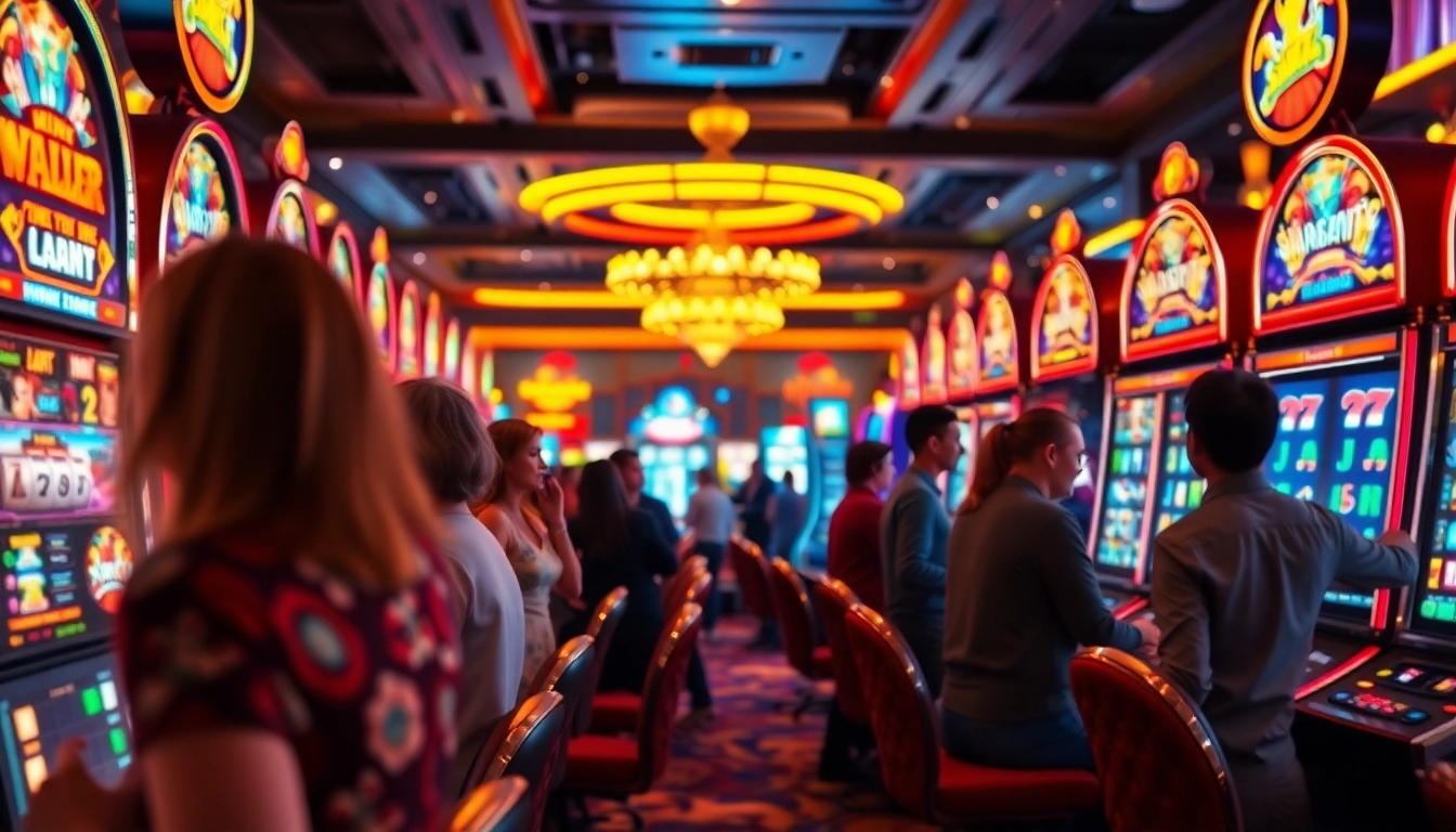 Engaging slot gambling atmosphere with vibrant players and colorful machines in a bustling casino.