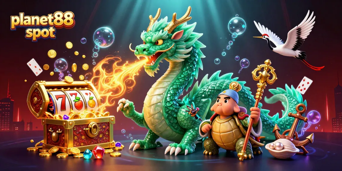Experience the excitement of planet88 slot with a vibrant 3D scene of a jade dragon and lucky symbols.