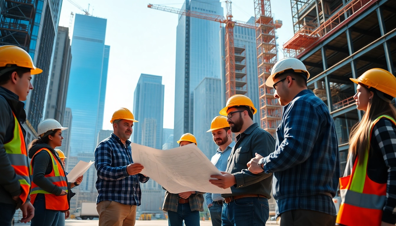 Workers collaborating on New York Commercial General Contractor projects at a bustling construction site.