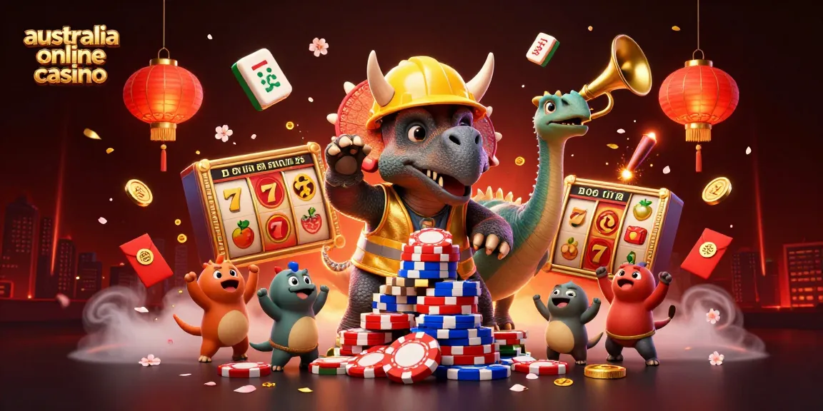 Experience the excitement of the australia online casino with vibrant characters and slot reels in this festive scene.
