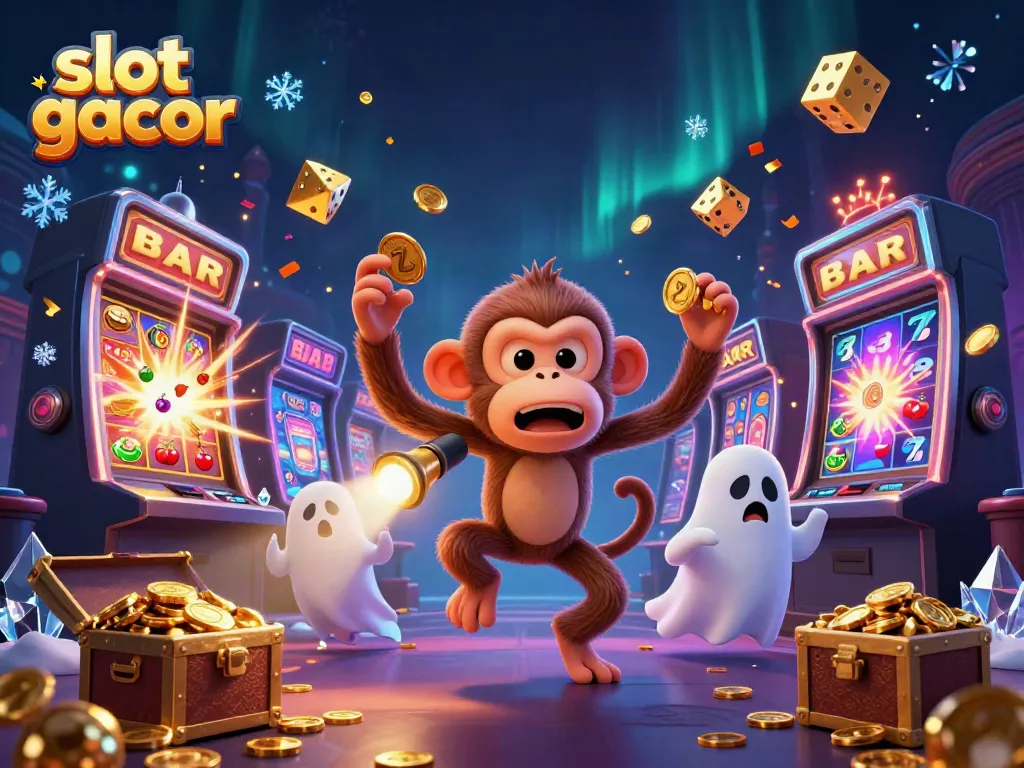 Engage with slot gacor excitement in a packed haunted casino, featuring dynamic characters and winning elements.