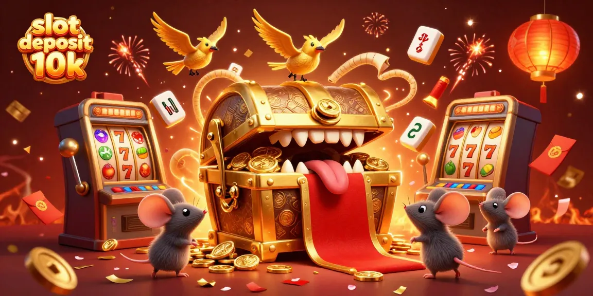 Experience thrilling fun with slot deposit 10k, featuring whimsical treasure chests and animated casino elements.