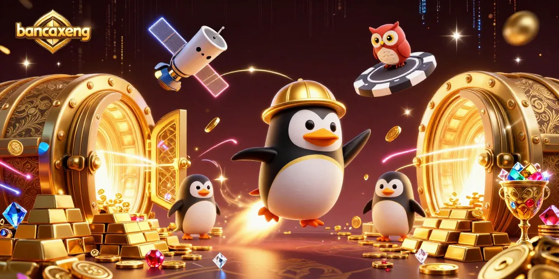Bancaxeng's thrilling fish-shooting action ignites with a golden penguin navigating a dynamic casino galaxy.