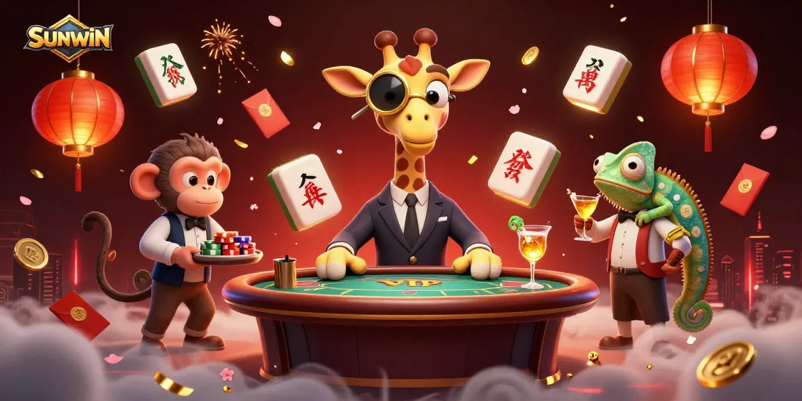 SUNWIN animated high-roller giraffe with monkey valet and chameleon bartender at a vibrant casino scene