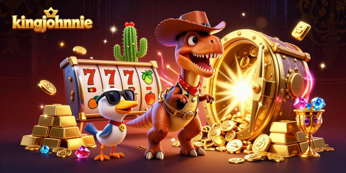 Spin to win with kingjohnnie's vibrant slot scene featuring a cowboy dinosaur and treasure!