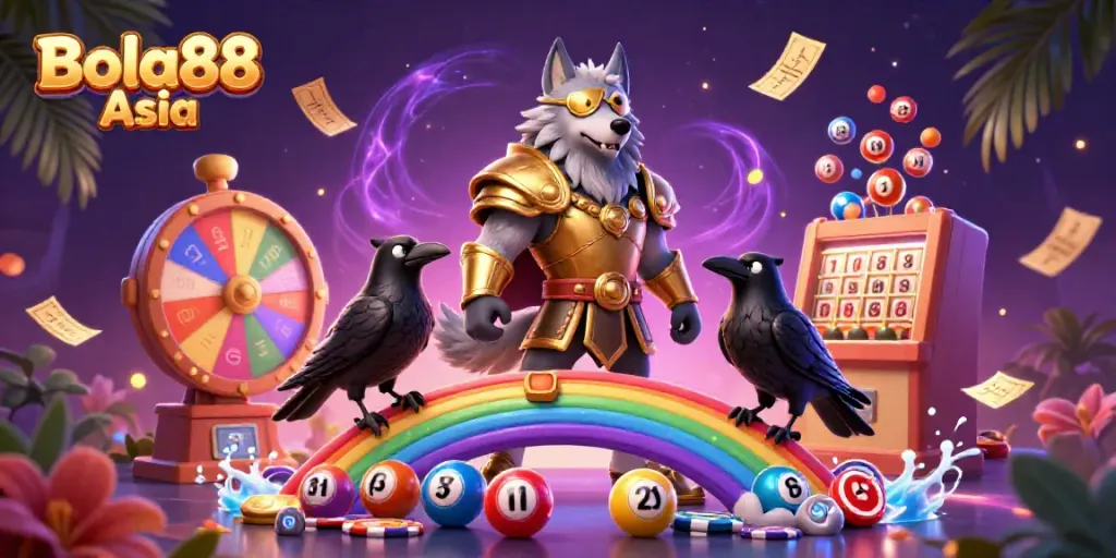 Bola88 Asia: Experience the thrill of winning with vibrant lottery balls and casino elements in an energetic illustration.