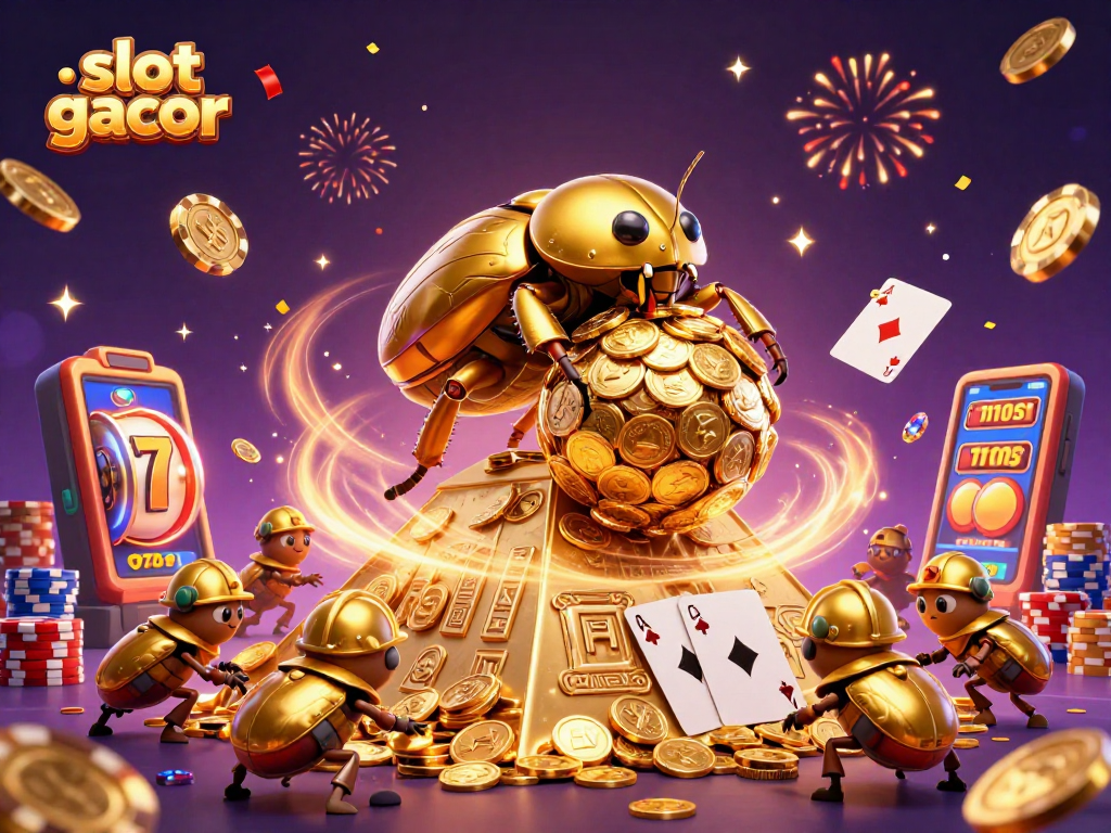 Spin the reels with slot gacor while a golden dung beetle gathers coins in an exciting casino scene.