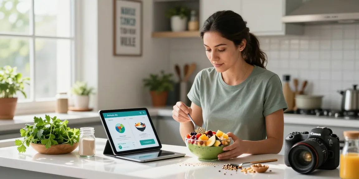 Using the best AI macro tracker app in a vibrant kitchen while preparing a nutritious smoothie bowl.