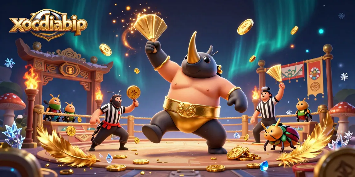 xocdiabip engages in a thrilling sumo showdown with a rhinoceros beetle, while coins and feathers swirl in the air.