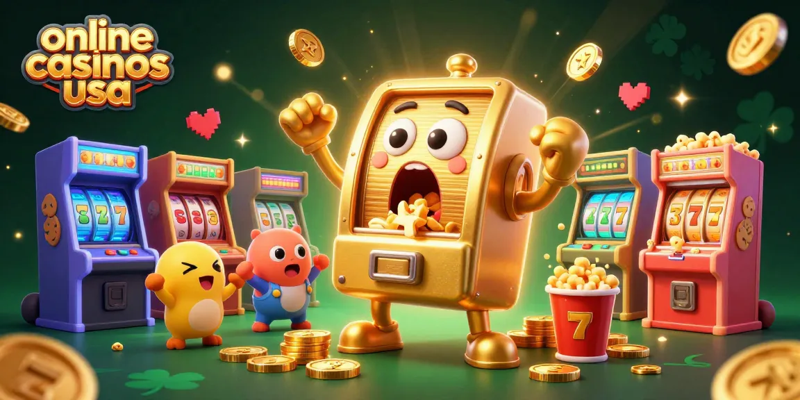Celebrate wins at online casinos usa with a golden slot machine hitting the jackpot amidst cheering baby machines.