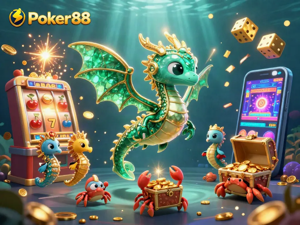 Engage in thrilling gameplay at Poker88 with a vibrant sea dragon and dazzling casino elements.