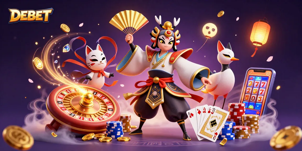 Experience DEBET thrills with a kabuki warrior, casino fortune symbols, and dynamic gaming energy.