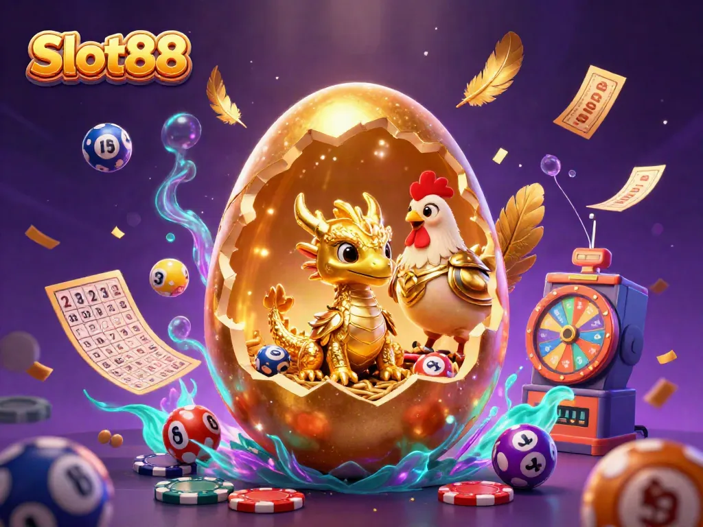 Bermain Slot88 dengan naga emas dan chip poker di latar belakang kasino yang memukau.