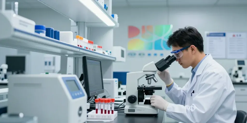 Análisis en laboratorios Chihuahua, técnico en laboratorio revisando muestras de sangre en un entorno moderno.