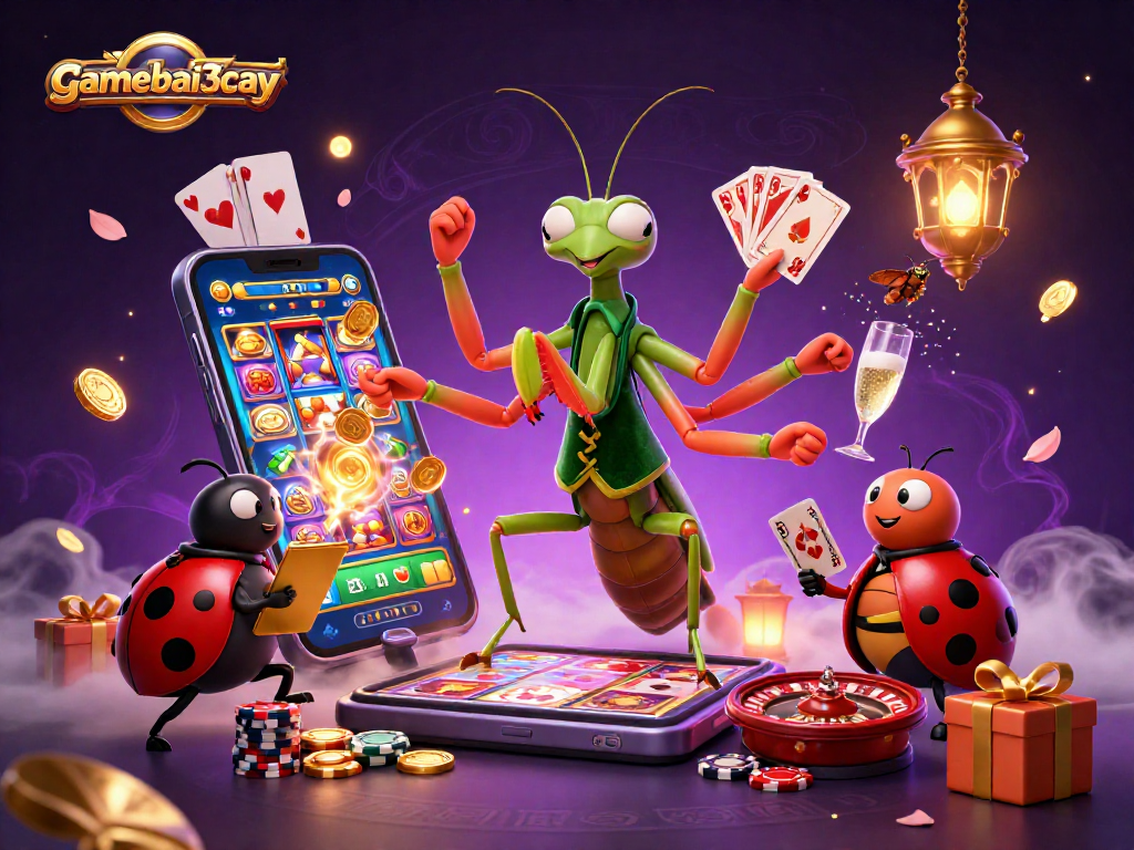 Experience the excitement of gamebai3cay with a dynamic casino illustration showcasing a mantis card sharp and ladybug pit boss.